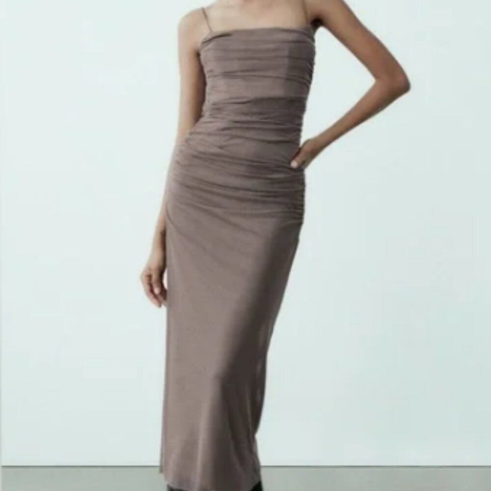 Zara Taupe Ruched Midi Dress